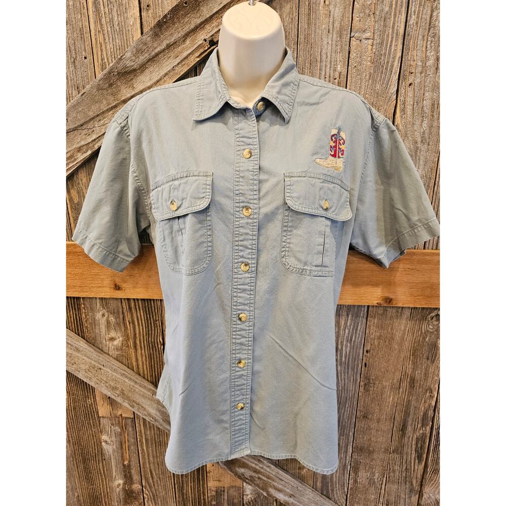 Cabellas women double breast pocket button up cowgirl rodeo Western M TALL blue^